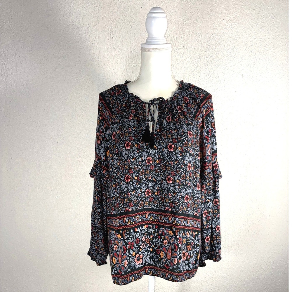 American Eagle Black Floral Peasant Blouse - L - Boho Tassel‎ Tie Ruffle Top